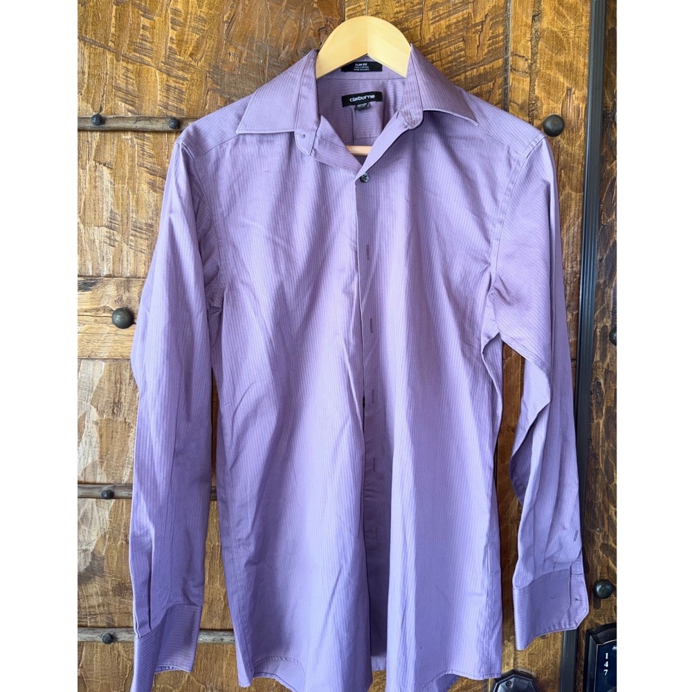 Claiborne Mens Slim Dress Shirt Purple Pinstripe Long Sleeve Cotton 14.5 32/33